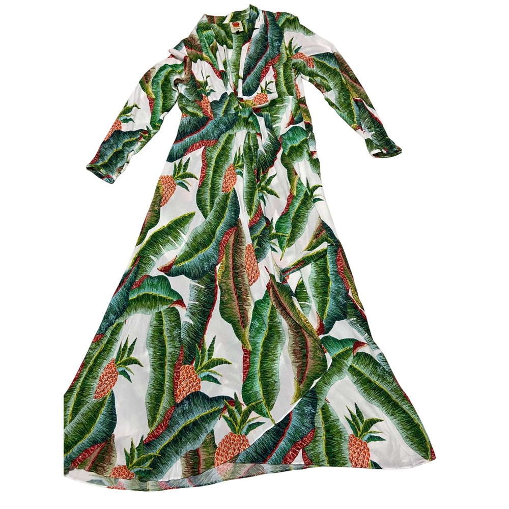 Farm Rio Maxi Dress Women Large Forest Palm Pineapple Plunging Neckline Tropical - Picture 10 of 11